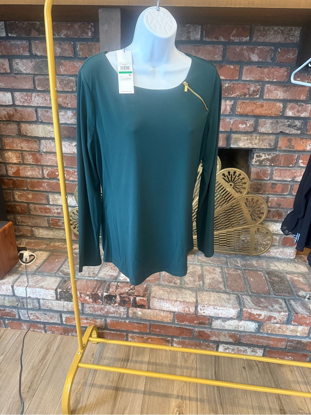 Calvin Klein Forest Green Long Sleeve Blouse - Gold Shoulder Zipper Detail